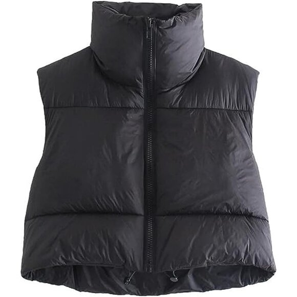 Jackets & Blazers - Women's Black Fashion High Neck Zipper Cropped Puffer Vest Jacket Coat Cardigan